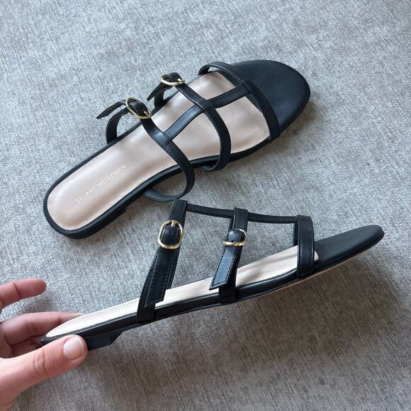 $300 Stuart Weitzman Grecian Buckle flat slide sandals in black leather - Picture 2 of 4